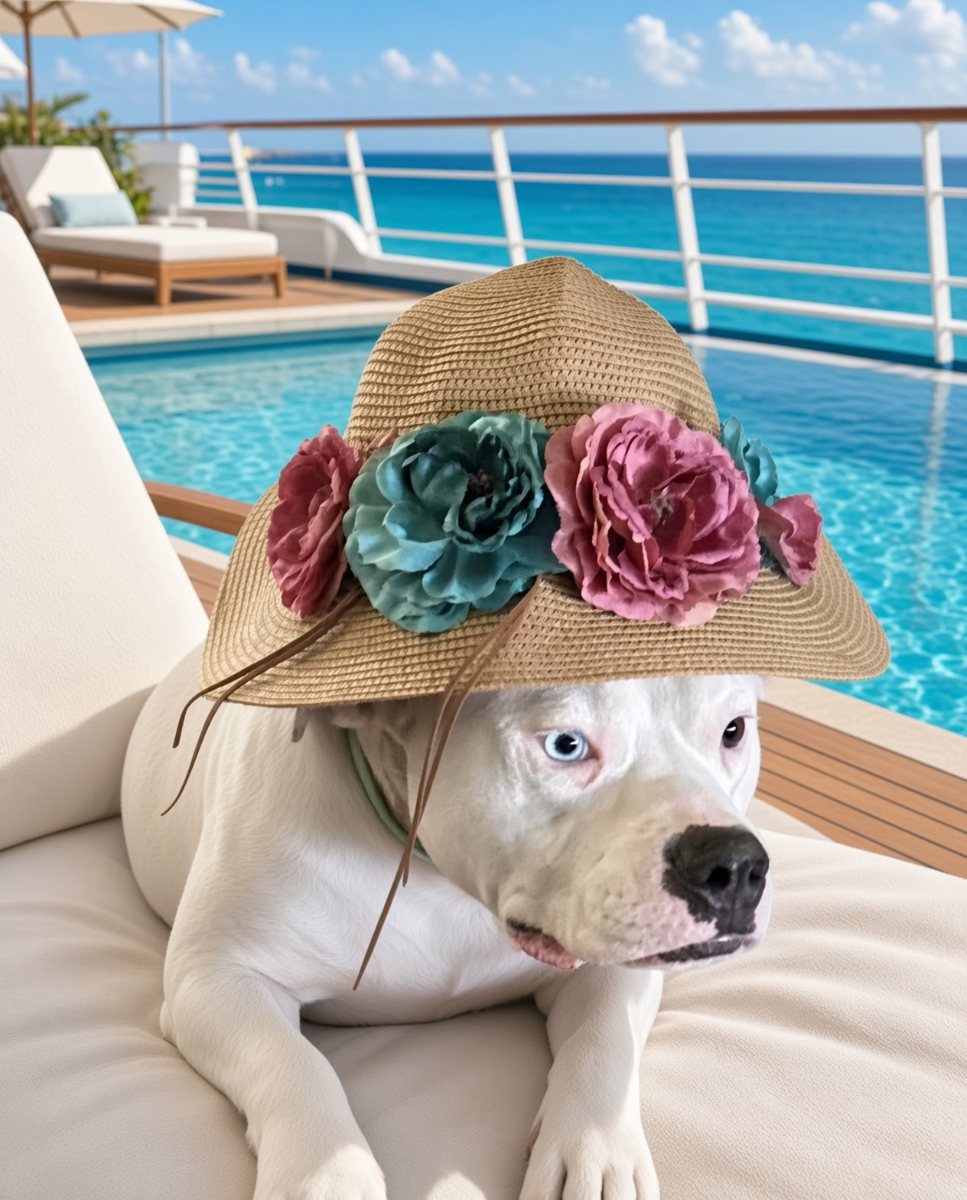 A white dog in a flowered sun hat, relaxing poolside